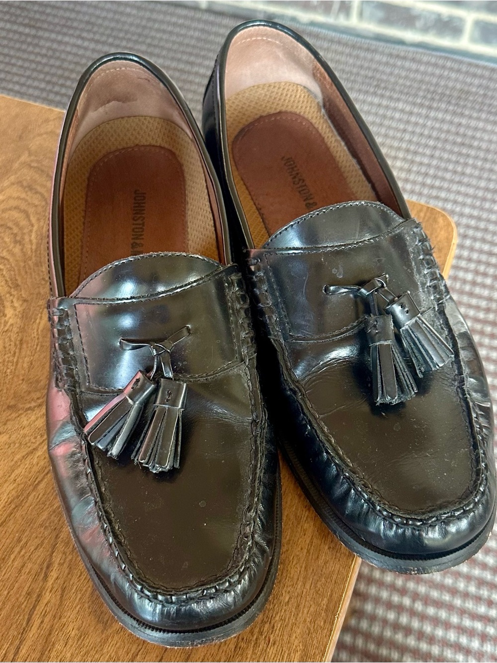 Men's 8 Black Leather Tassel Slip-On Loafers by Johnston & Murphy